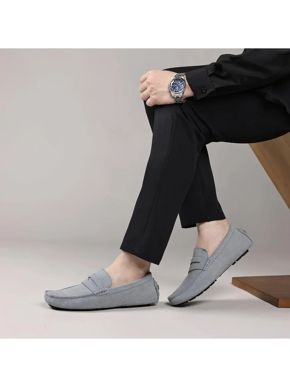 Men's Grey Suede Penny Loafers Slip On Casual Business Causal Dress Shoes